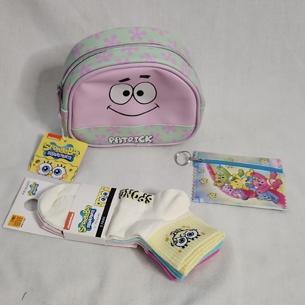 Patrick Cosmetic Bag, SpongeBob Socks  with Care Bears Keychain Coin Pouch Set